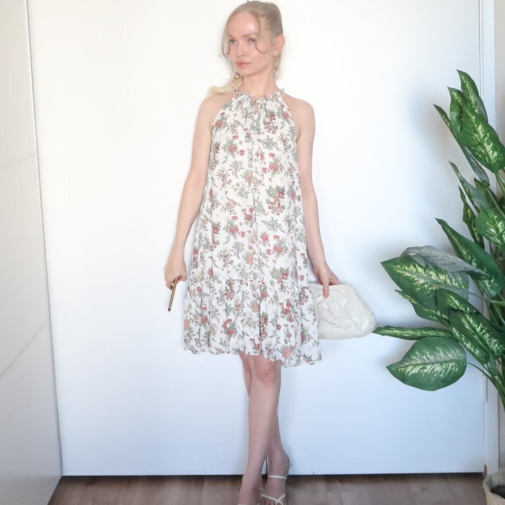 Max Studio White Floral Halter Knee Length Midi Dress With Ruffle Hem Size XS